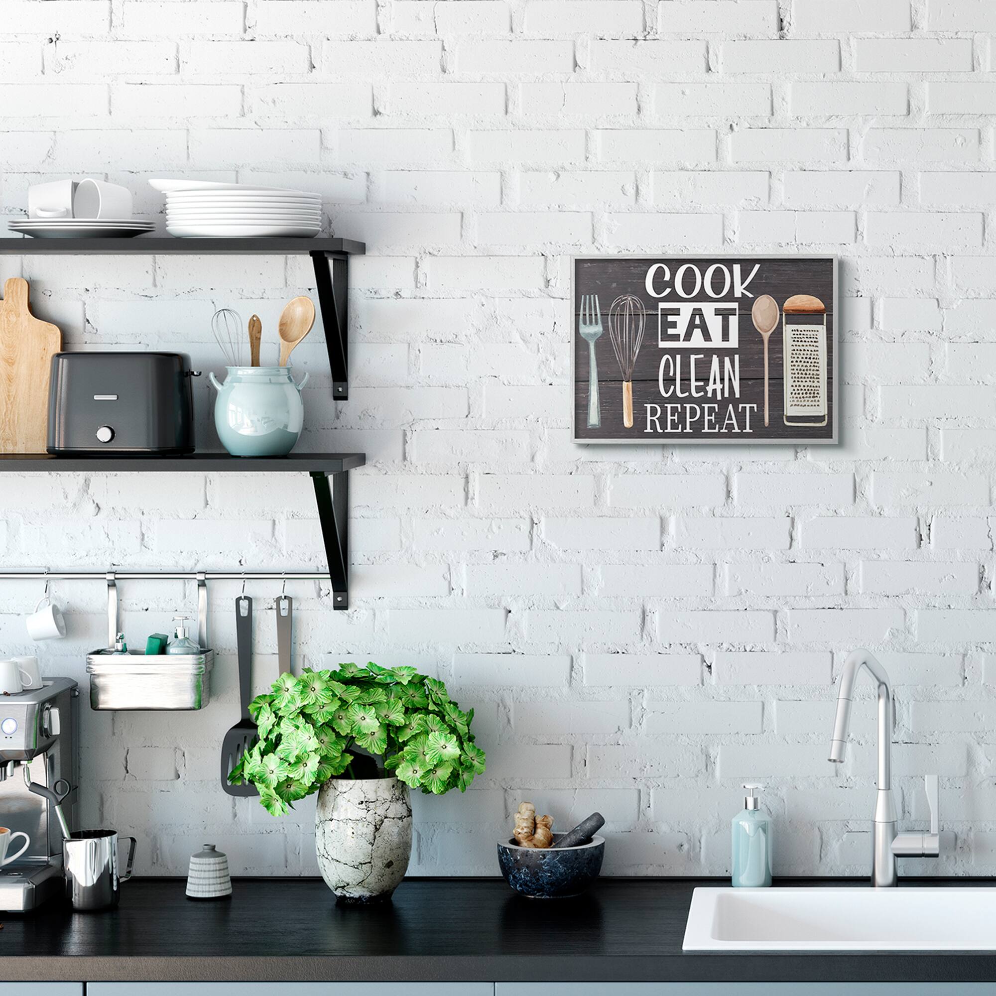 Stupell Industries Cook Eat Clean Humorous Quote Rustic Kitchenware in Gray Frame Wall Art